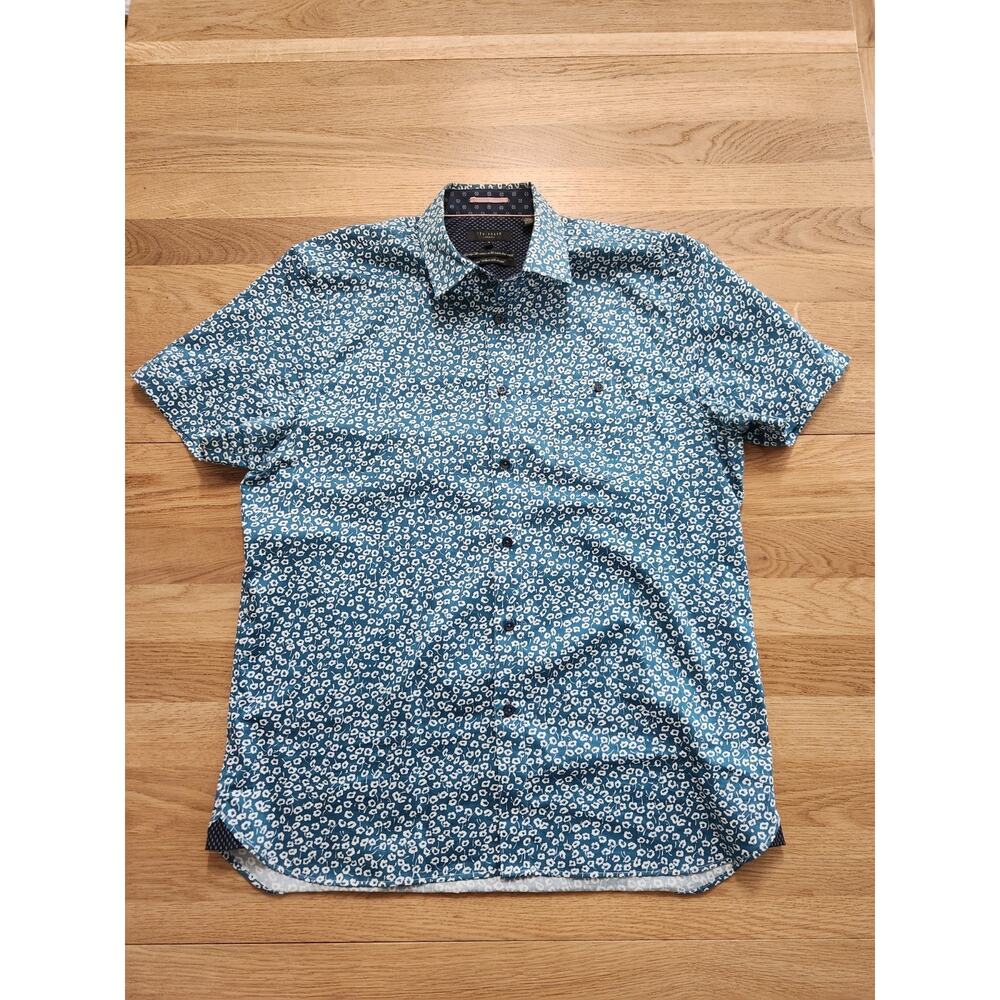 Ted Baker Men's Blue Floral All Over Casual Button Collar Shirt Top Sz M Stretch